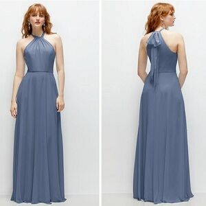 NWT Thread Dessy Group Shirred Halter Lux Chiffon Maxi Dress Size 4 TH137 Blue